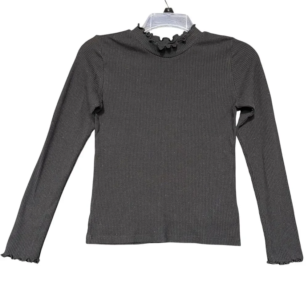 Old Navy Girls Rib Knit Shirt Top Pullover Ruffled Mock Neck Stretch Black XL